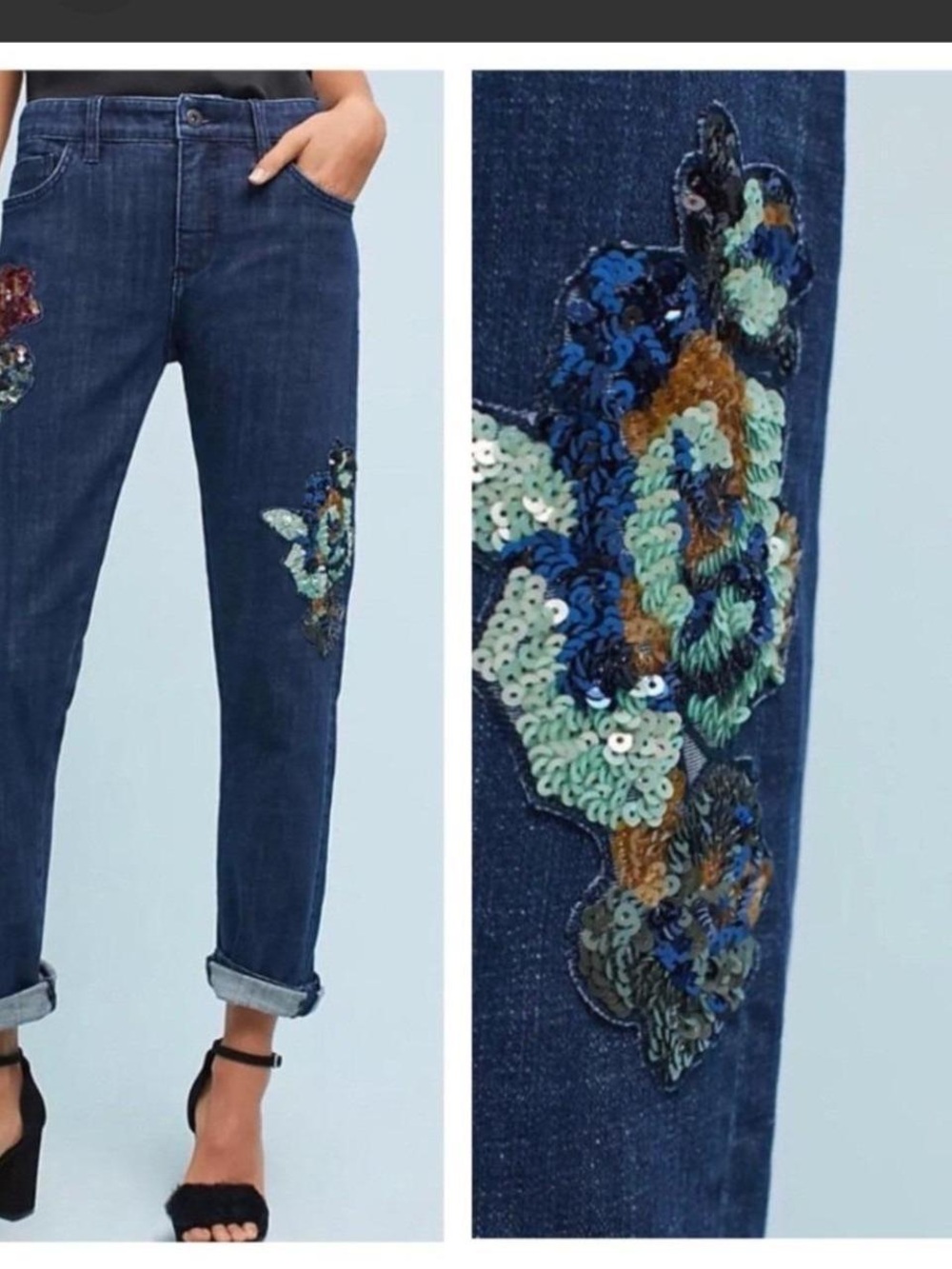 Anthropologie Pilcro Dark Blue Jeans with Multicolor Sequin Floral Appliqué